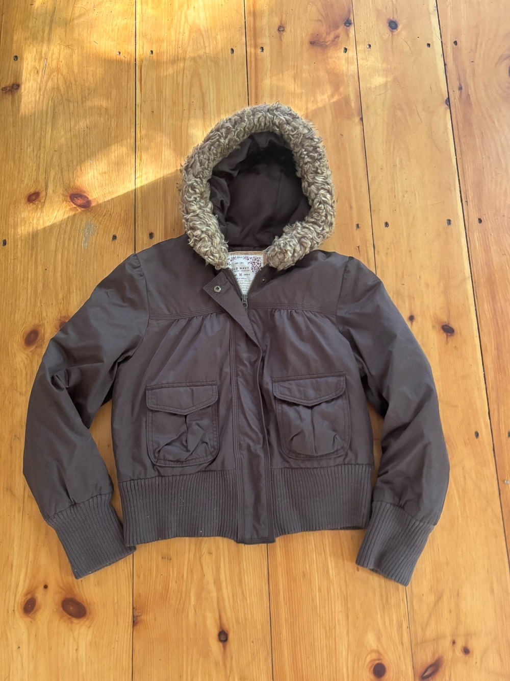 Old Navy Brown Faux Fur Hooded Bomber Jacket M